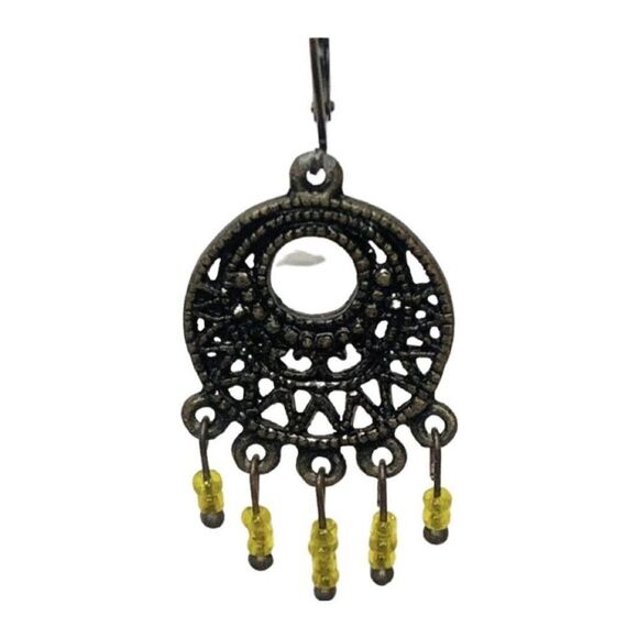 Vintage Yellow Seed Bead Copper Tone Drop Dangle Pierced Chandelier Earrings - Picture 5 of 8